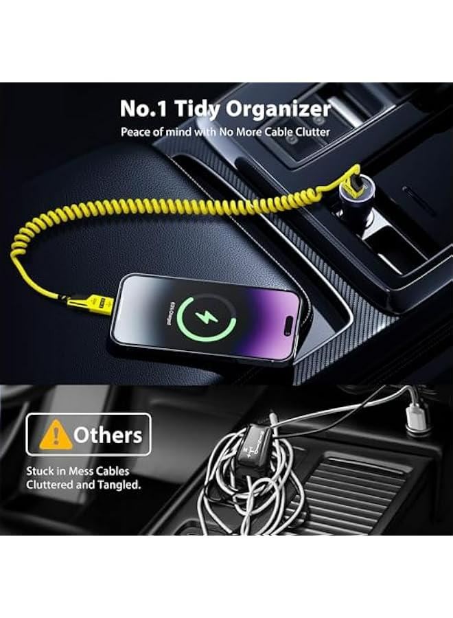 4-in-1 Coiled USB-C to Lightning/Type-C 65W Fast Charging Cable, Car Play & Android Auto Compatible, Compact Design, Multi-Device Charging for iPhone, iPad, Samsung & More, Yellow - Image 3