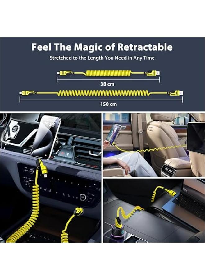 4-in-1 Coiled USB-C to Lightning/Type-C 65W Fast Charging Cable, Car Play & Android Auto Compatible, Compact Design, Multi-Device Charging for iPhone, iPad, Samsung & More, Yellow - Image 4