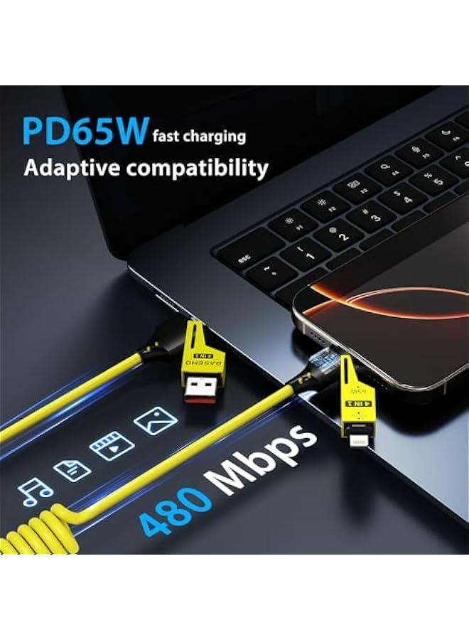 4-in-1 Coiled USB-C to Lightning/Type-C 65W Fast Charging Cable, Car Play & Android Auto Compatible, Compact Design, Multi-Device Charging for iPhone, iPad, Samsung & More, Yellow - Image 5