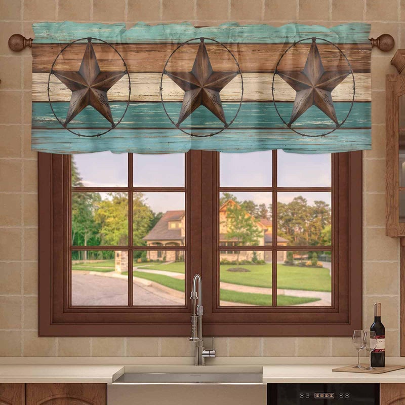 Chucoco Rod Pocket Window Valances Iron Western Stars Short Curtain Valance Kitchen Printed Drapes for Windows Panel Bedroom Bathroom Living Room Decor Vintage Wood Plank Brown and Blue 54x18In