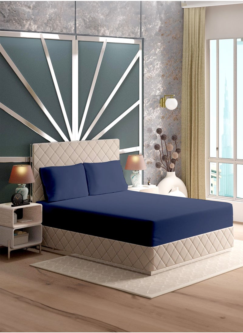 American Linen King Plain Fitted Sheet with 2 Pillow Case 200 x 200 Cm Navy Blue  - Image 1