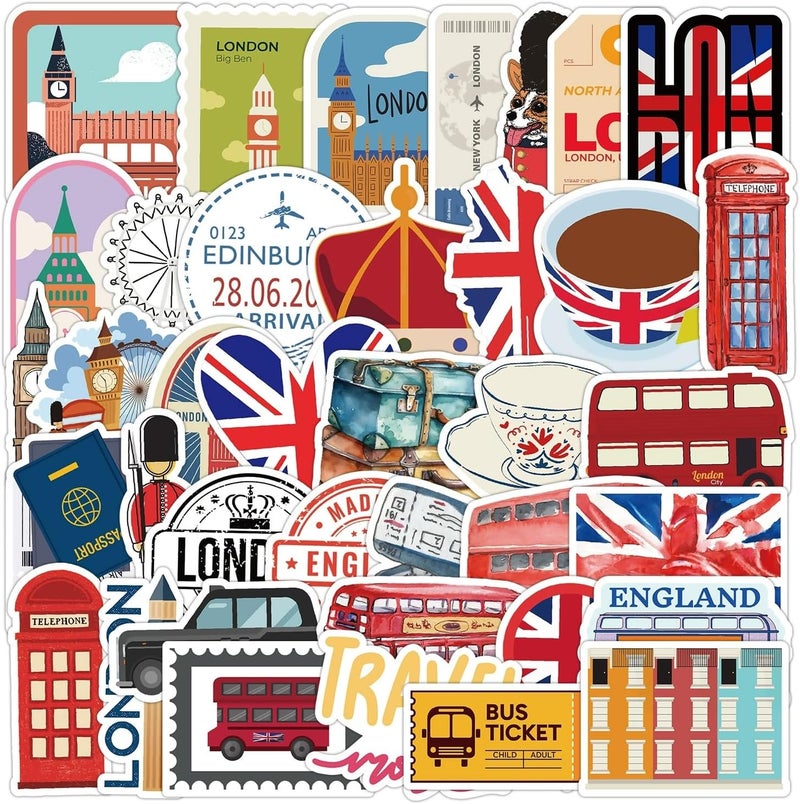 AUCEKO 50 PCS Stickers for London,Buckingham Palace British Stickers,Teens Boys and Girls Sticker Pack Vinyl Skateboard Guitar Door Laptop Luggage Car Bike Water Bottle Birthday Party Supplies Stickers - Image 1