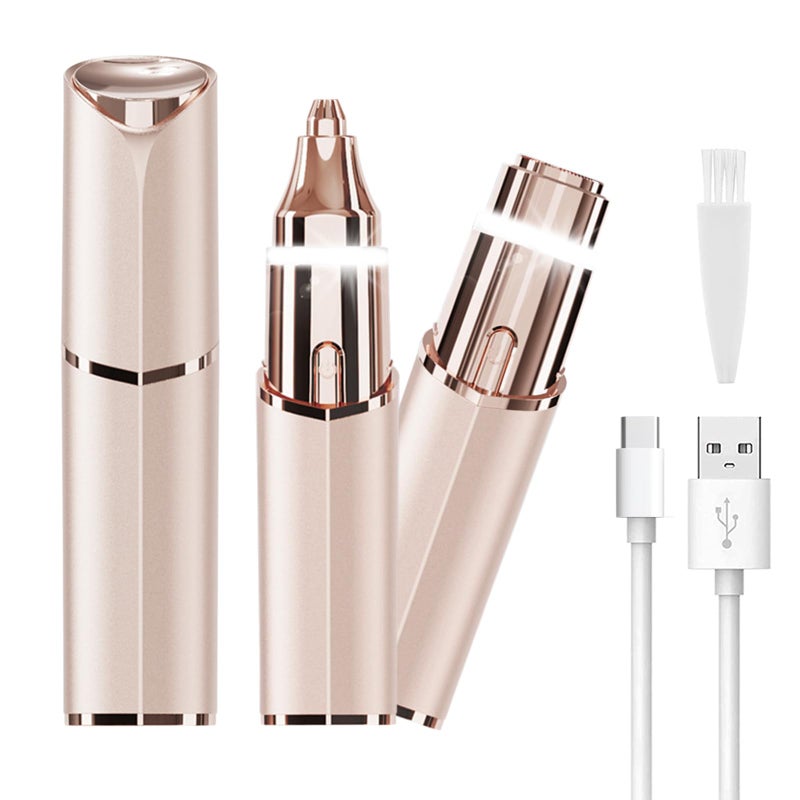 Evolvique Facial Hair Removal Eyebrow Trimmer - Facial Shaver Device 2 In 1 Remover For Face Peach Fuzz Eyebrow Nose Ear Hair Chin Lips Armpit With Led Light Rechargeable For Women Men Travel Size (Gold) - Image 1