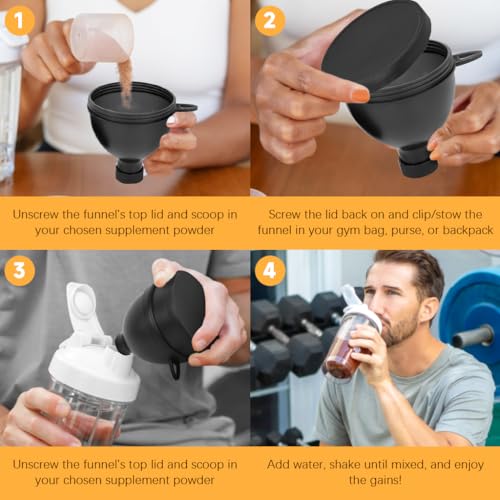 HANNEA® Protein Powder Funnel, 3 Compartment Pill Storage with Reinforced Caps to Stop Spills Supplement Container Set, Portable Protein Powder Container To Go & Dispenser Tablet - Image 5