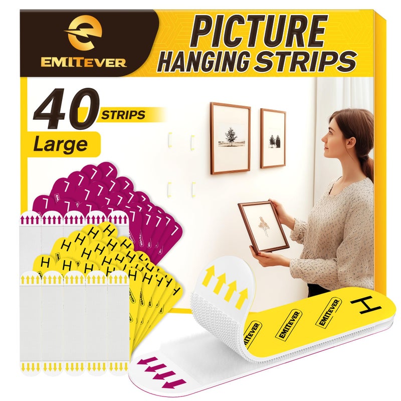 EMITEVER Picture Hanging Strips Heavy Duty, Damage Free Picture Hangers for Walls, Hanging Hooks Kit Without Nails, Large Adhesive Wall Strip for Poster Sticky 20-Pairs (40 Strips) - Image 1