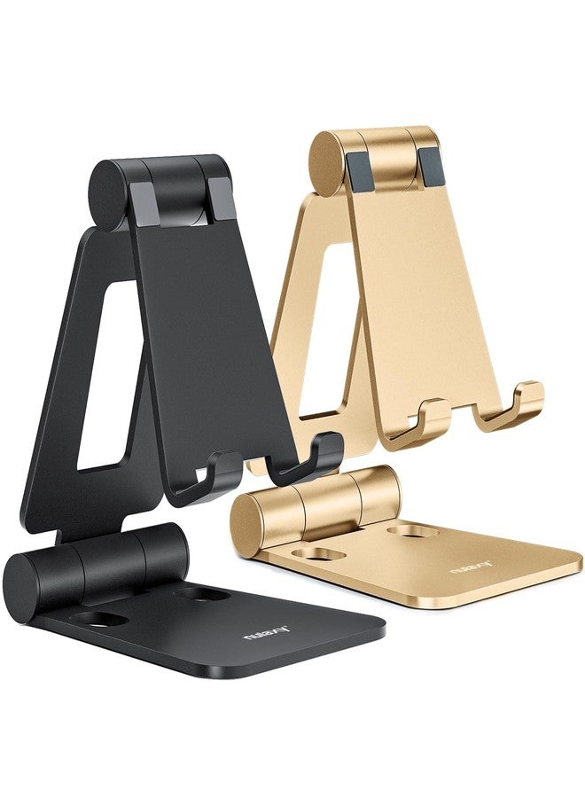 NULAXY Dual Folding Phone Stand for Desk 2 Pack, Fully Adjustable Mobile Phone Holder Desktop Compatible with iPhone 14 13 12 11 Xs Xr X 8, HUAWEI, Samsung, All Smartphones, Black & Gold - Image 1