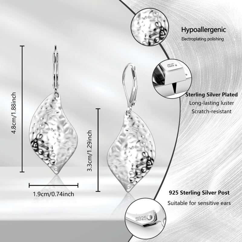 ALEXCRAFT 925 Sterling Silver Hammered Leaf Dangle Earrings for Women Trendy Lightweight Exquisite Teardrop Drop Earrings Hypoallergenic Leverback Earings - Image 3