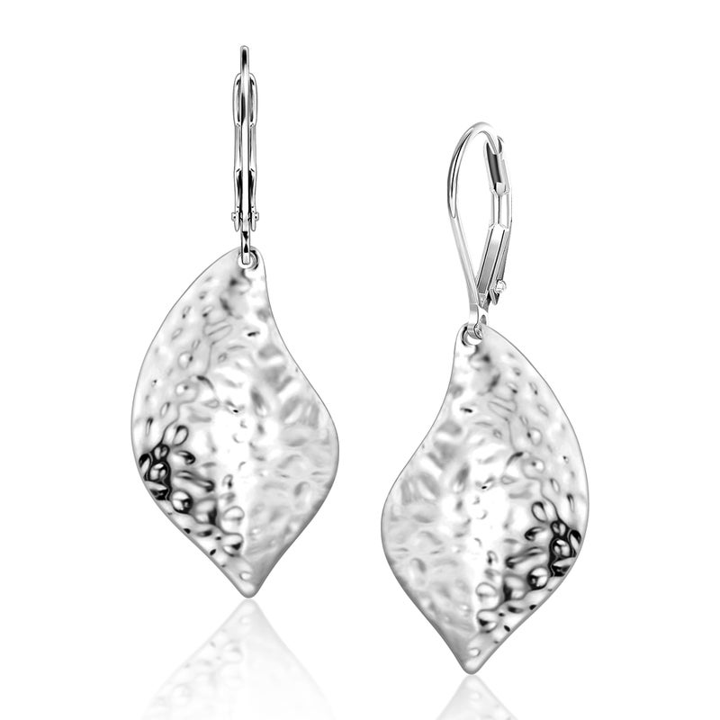 ALEXCRAFT 925 Sterling Silver Hammered Leaf Dangle Earrings for Women Trendy Lightweight Exquisite Teardrop Drop Earrings Hypoallergenic Leverback Earings - Image 1