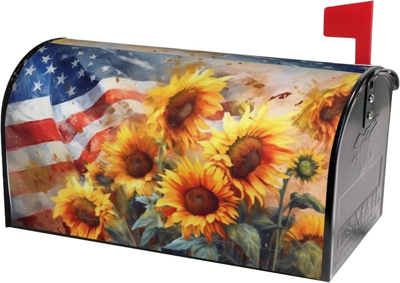 Identiy Watercolor Sunflowers with American Flag Mailbox Covers Magnetic Standard Size, Spring Summer Floral Magnetic Mailbox Covers for Holiday Outside Yard Decor 18"x21" - Image 1
