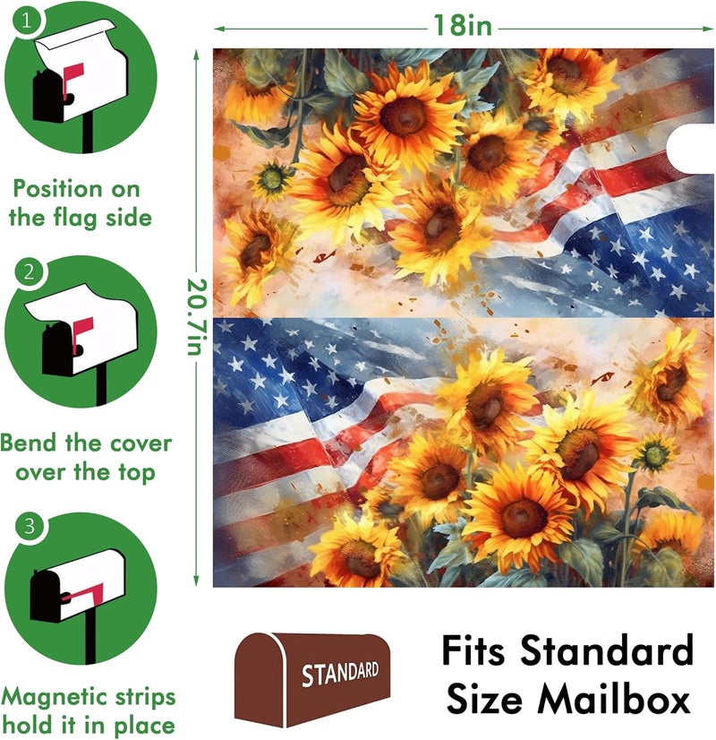 Identiy Watercolor Sunflowers with American Flag Mailbox Covers Magnetic Standard Size, Spring Summer Floral Magnetic Mailbox Covers for Holiday Outside Yard Decor 18"x21" - Image 2