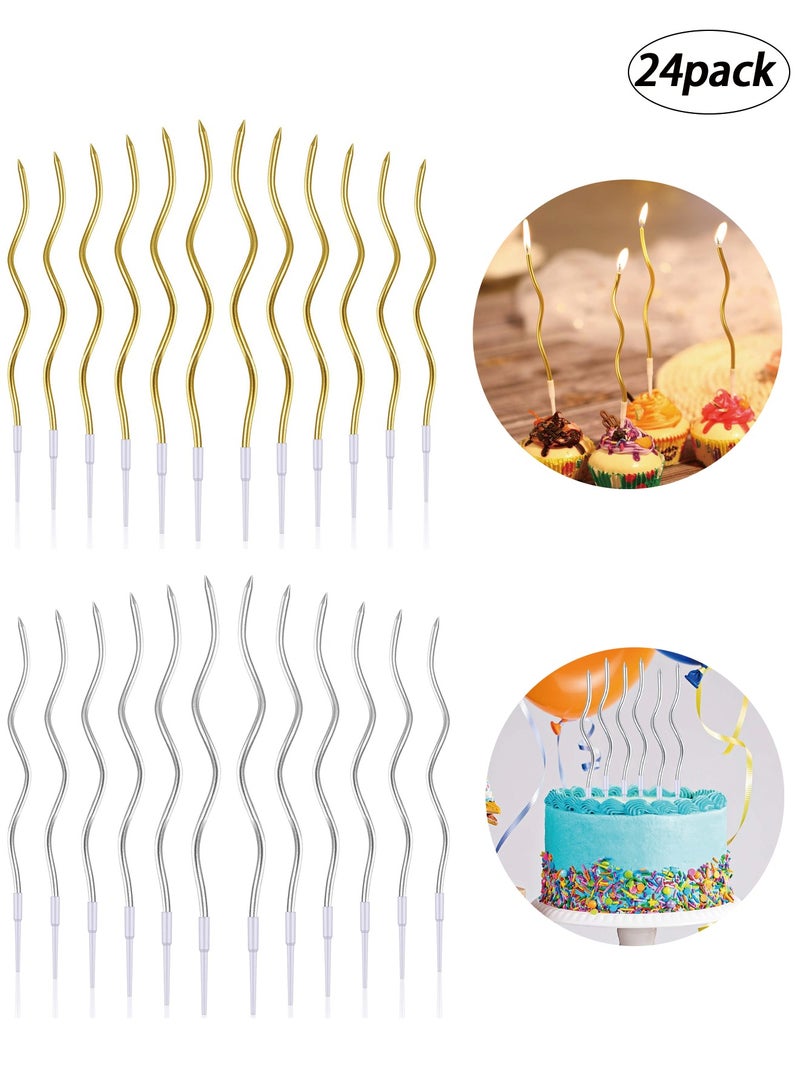 24 Twisted Birthday Candles, Spiral Cake Candles Metallic Cupcake Cake Candles Thin Long Cake Candles with Holders for Birthday Wedding Party (12 Pcs Silver and 12 Pcs Gold) - Image 1