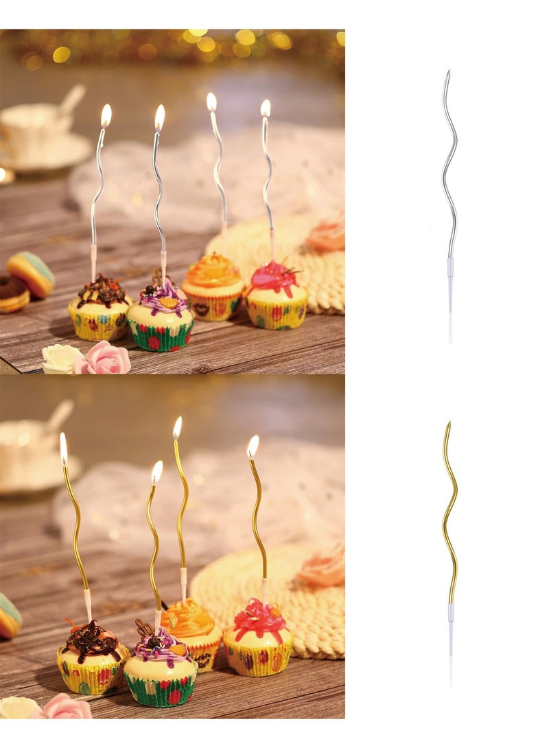 24 Twisted Birthday Candles, Spiral Cake Candles Metallic Cupcake Cake Candles Thin Long Cake Candles with Holders for Birthday Wedding Party (12 Pcs Silver and 12 Pcs Gold) - Image 3