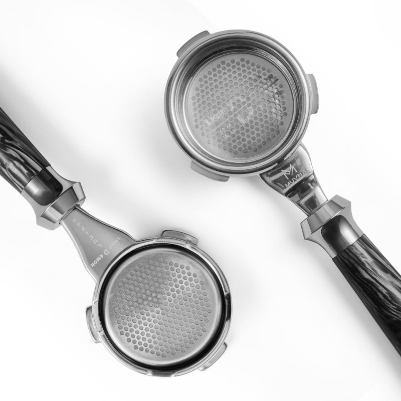 MUVNA 58MM Espresso Bottomless Portafilter 3 Ears Portafilter with Doublelayer Filter Basket Compatible with Barsetto Oster Breville Mini VCF125X Breville Max VCF165 CALPHAON TEMP IQ