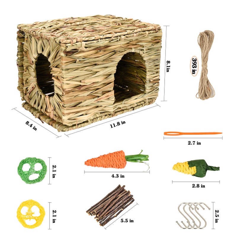 S SANGLE SOPFFY Grass House for Rabbits,Sangle Sopffy,Hand Woven Bunny Grass House,Natural Grass Hideaway for Bunny Guinea Pig Chinchilla Ferret Hamster Squirrel with Rabbit Chew Toys (1 Set, 11.8 * 7.8 * 7.8 inch) - Image 2