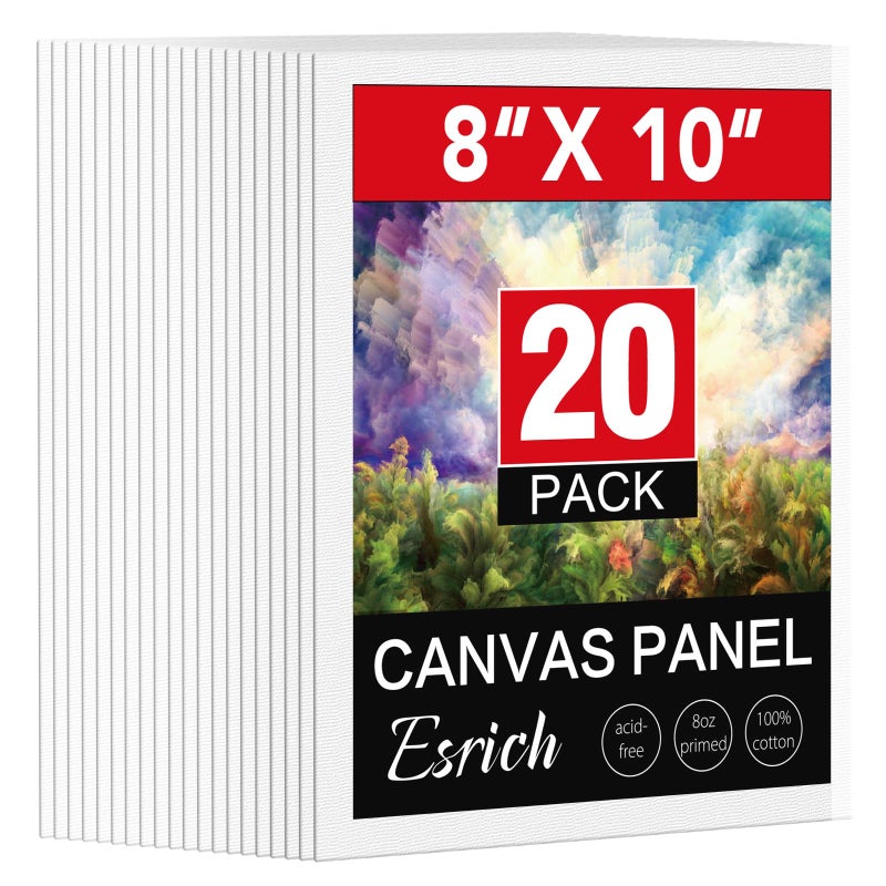 ESRICH Canvas Boards for Painting, 20 Pack Canvases for Painting 8x10 Cotton Primed Acid Free Blank Canvas Panels for Oil Paint, Watercolor, Acrylic Paint, Gouache and Tempera. - Image 1