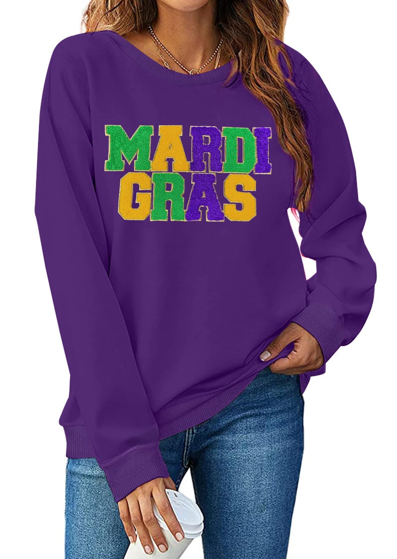 PECHAR Mardi Gras Outfit for Women: Mardi Gras Embroidery Sweatshirt New Orleans Party Carnival Long Sleeve Tees Tops - Image 2