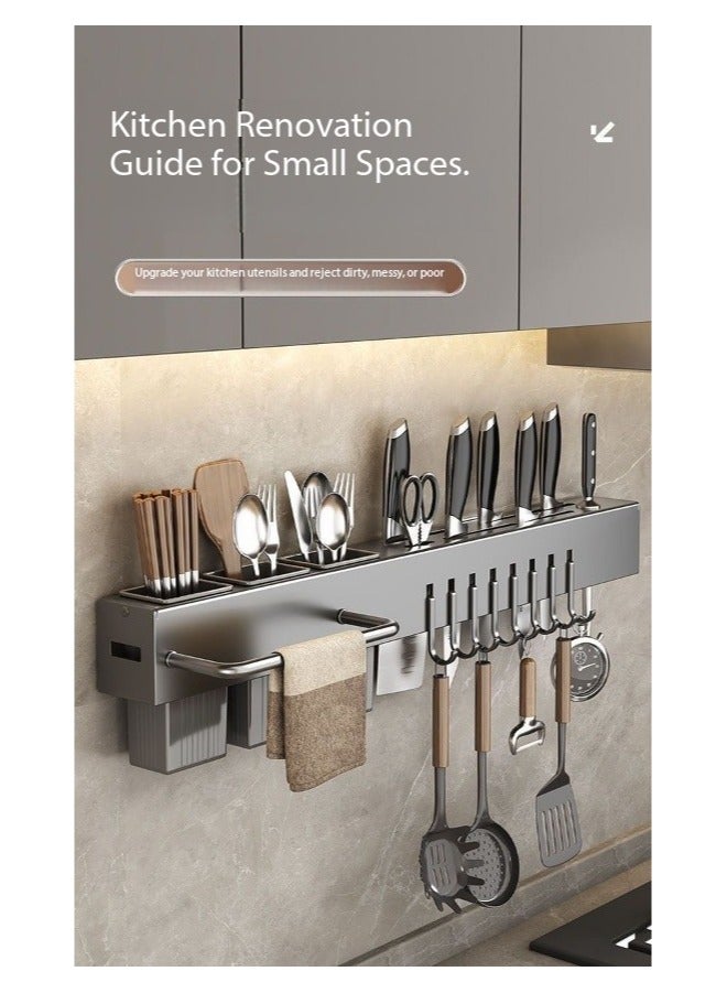 60cm long Hanging Spice Rack Wall Mount Space-Saving Kitchen Utensil with Hooks Storage Shelf for Utensils Spatula Spoon Seasoning Jar Organizer Multifunctional Mounted No Drilling Racks Pot Lid Cooking Holder Caddy Bottle Organization - Image 4