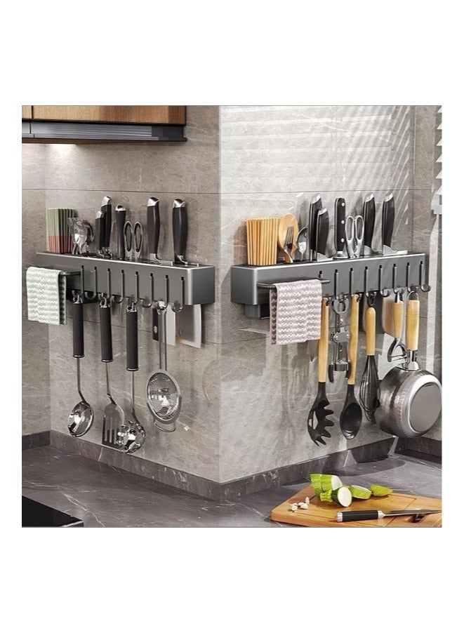 60cm long Hanging Spice Rack Wall Mount Space-Saving Kitchen Utensil with Hooks Storage Shelf for Utensils Spatula Spoon Seasoning Jar Organizer Multifunctional Mounted No Drilling Racks Pot Lid Cooking Holder Caddy Bottle Organization - Image 2