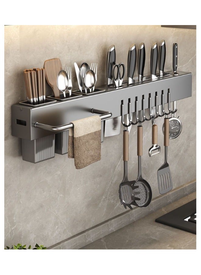 60cm long Hanging Spice Rack Wall Mount Space-Saving Kitchen Utensil with Hooks Storage Shelf for Utensils Spatula Spoon Seasoning Jar Organizer Multifunctional Mounted No Drilling Racks Pot Lid Cooking Holder Caddy Bottle Organization - Image 3