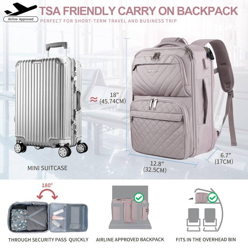 EMPSIGN Carry on Travel Backpack for Women & Men, 17 inch Large TSA Friendly Laptop Backpack with USB Port, Airline Approved Carry On Luggage, Travel Essentials, Weekender Overnight Bags, Grey Pink - Image 2