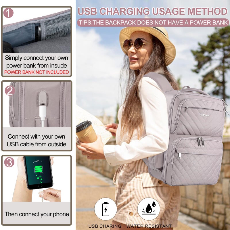 EMPSIGN Carry on Travel Backpack for Women & Men, 17 inch Large TSA Friendly Laptop Backpack with USB Port, Airline Approved Carry On Luggage, Travel Essentials, Weekender Overnight Bags, Grey Pink - Image 5