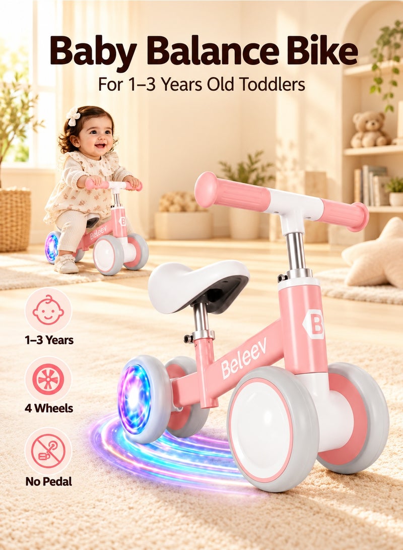 BELEEV Toddler Balance Bike 10‑36 Months, 4‑Wheel No‑Pedal Ride‑On Toy, Adjustable Seat & Handlebar, Colorful Lights & Silent Wheels, Soft Seat, Indoor‑Outdoor Birthday Gift, Pink - Image 1