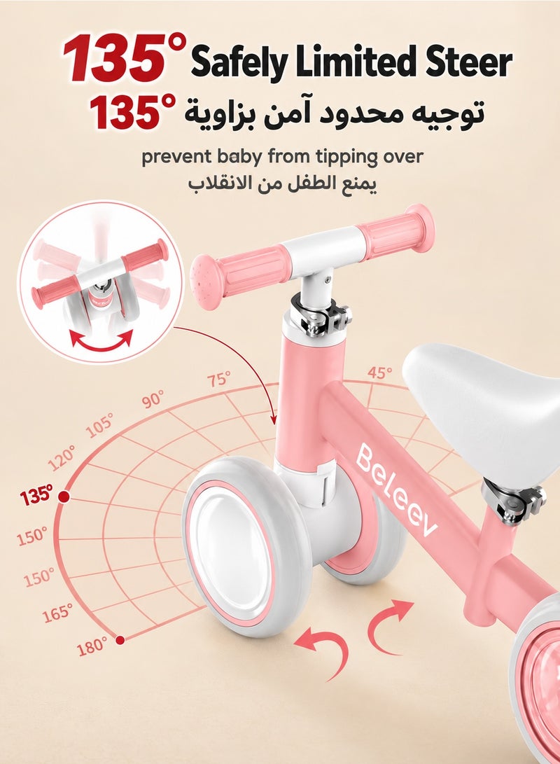BELEEV Toddler Balance Bike 10‑36 Months, 4‑Wheel No‑Pedal Ride‑On Toy, Adjustable Seat & Handlebar, Colorful Lights & Silent Wheels, Soft Seat, Indoor‑Outdoor Birthday Gift, Pink - Image 3
