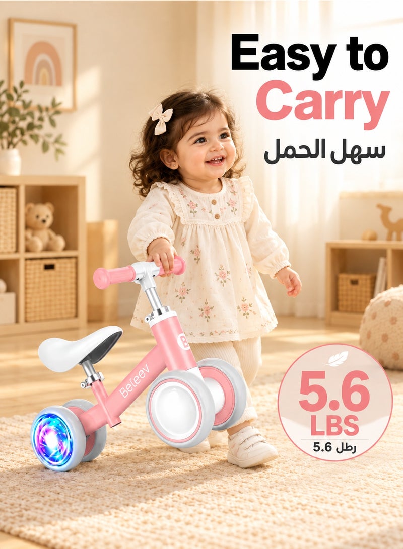 BELEEV Toddler Balance Bike 10‑36 Months, 4‑Wheel No‑Pedal Ride‑On Toy, Adjustable Seat & Handlebar, Colorful Lights & Silent Wheels, Soft Seat, Indoor‑Outdoor Birthday Gift, Pink - Image 4