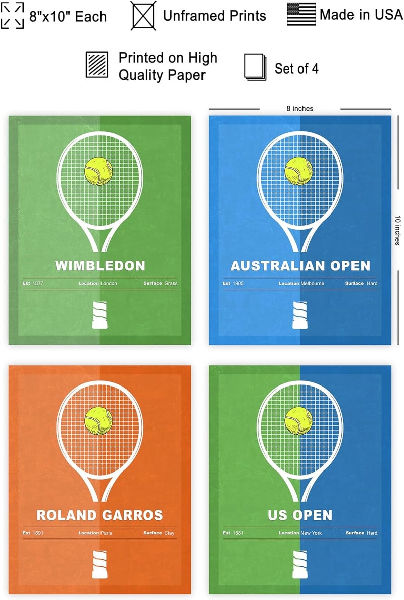 4-Piece Sports Poster - Tennis Print - Tennis Racket Art - Sport Tournament Art - Grand Slam Art - US Open Art - Australian Open Art - Gym or Office Wall Decor - 8x10 UNFRAMED Wall Art - Image 2