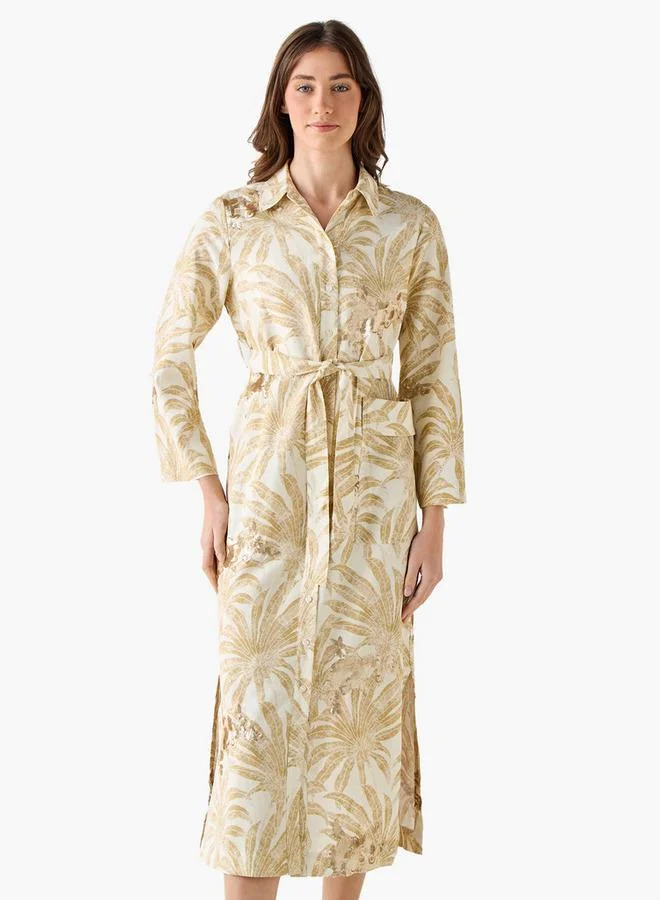 ايكونيك Iconic Printed Women Shirt Dress with Tie-Up Belt