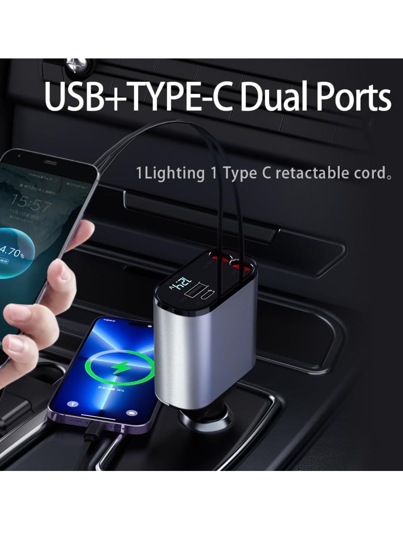 DUSALA Retractable Car Charger 4 in 1 Fast Car Phone Charger 120W Retractable Cables And USB Car Charger Compatible With iPhone iOS And Android Smartphone 1 Lightning Cable 1 Type C Cable, Cable Length 800MM - Image 2