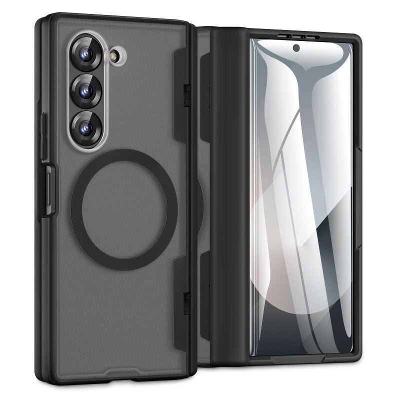 Caka for Samsung Galaxy Z Fold 4 Case [Compatible with Magsafe] [Hinge Protection] [Built-in HD Screen Protector] Translucent Hard Shockproof Magnet Phone Cover for Fold4 - Black - Image 1