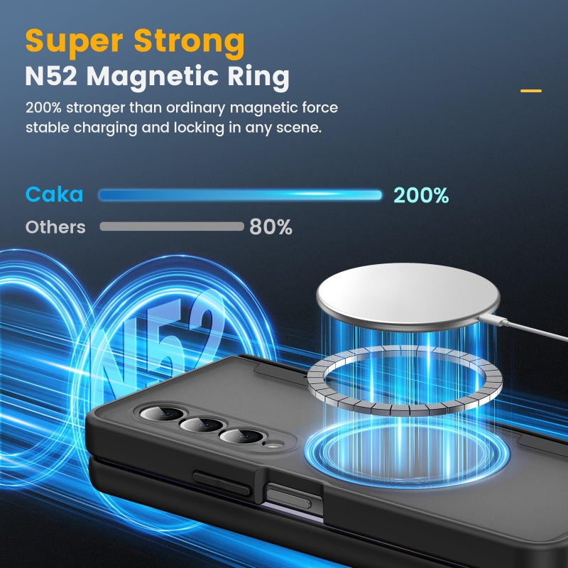Caka for Samsung Galaxy Z Fold 4 Case [Compatible with Magsafe] [Hinge Protection] [Built-in HD Screen Protector] Translucent Hard Shockproof Magnet Phone Cover for Fold4 - Black - Image 3