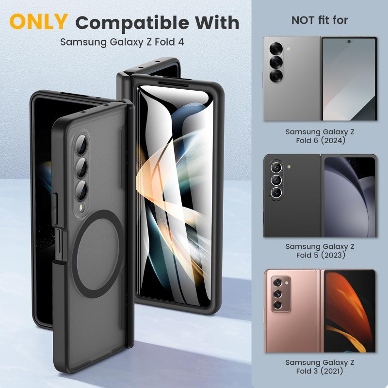 Caka for Samsung Galaxy Z Fold 4 Case [Compatible with Magsafe] [Hinge Protection] [Built-in HD Screen Protector] Translucent Hard Shockproof Magnet Phone Cover for Fold4 - Black - Image 2