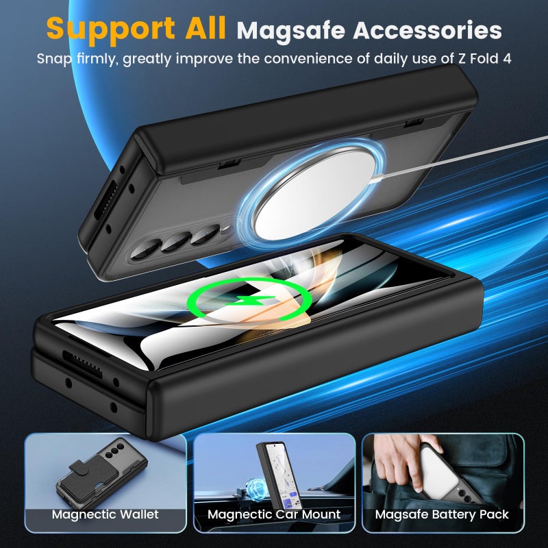 Caka for Samsung Galaxy Z Fold 4 Case [Compatible with Magsafe] [Hinge Protection] [Built-in HD Screen Protector] Translucent Hard Shockproof Magnet Phone Cover for Fold4 - Black - Image 4