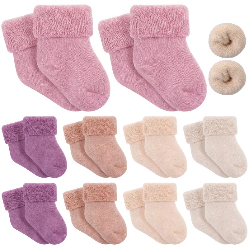 Twistover 10 Pairs Preemie Baby Terry Cotton Turn Cuff Socks for Newborn Girls Boys - Nicu(Light Purple, Light Taro, Pink, Light Khaki, Beige,Preemie) - Image 1
