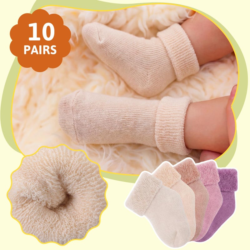 Twistover 10 Pairs Preemie Baby Terry Cotton Turn Cuff Socks for Newborn Girls Boys - Nicu(Light Purple, Light Taro, Pink, Light Khaki, Beige,Preemie) - Image 3
