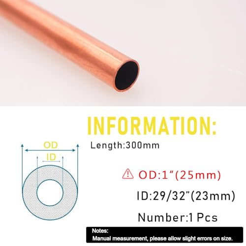 Tynulox 1"(25mm) OD 99.9% Copper Tube 1mm Wall × 300mm Length × 1Pcs, Pure Copper Tubing 110 Copper Seamless Round Tubing for Refrigerator, Jewellery and Industry - Image 2