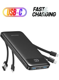 Power Bank with Built in Cable, 10000mAh USB C Battery pack 6 Outputs 2 Inputs with LED Display Type C Powerbank Portable Charger Compatible with Smartphones Tablets and More(Black)