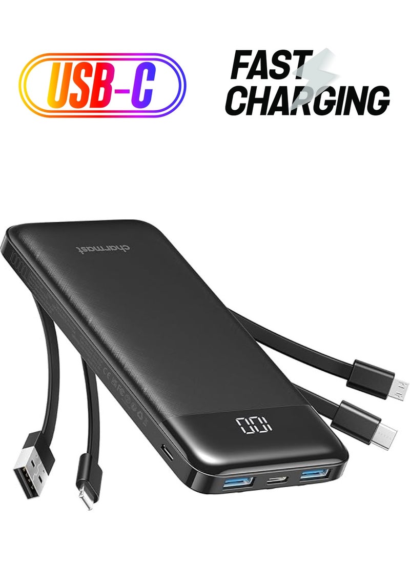Charmast - Power Bank with Built in Cable, 10000mAh USB C Battery pack 6 Outputs 2 Inputs with LED Display Type C Powerbank Portable Charger Compatible with Smartphones Tablets and More(Black) - Image 1