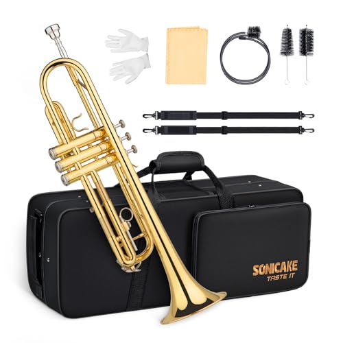 SONICAKE Bb Standard Trumpet Student Trumpet Set for Beginner Brass Trumpet Instrument with Hard Case Cleaning Kit 7C Mouthpiece and Gloves Ideal Gift for School Band Orchestra QTP01 Golden - Image 1