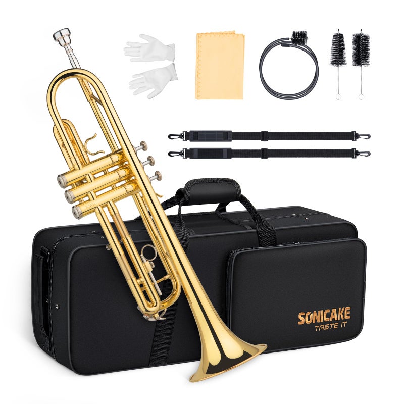 SONICAKE Bb Standard Trumpet Student Trumpet Set for Beginner Brass Trumpet Instrument with Hard Case Cleaning Kit 7C Mouthpiece and Gloves Ideal Gift for School Band Orchestra QTP01 Golden - Image 2