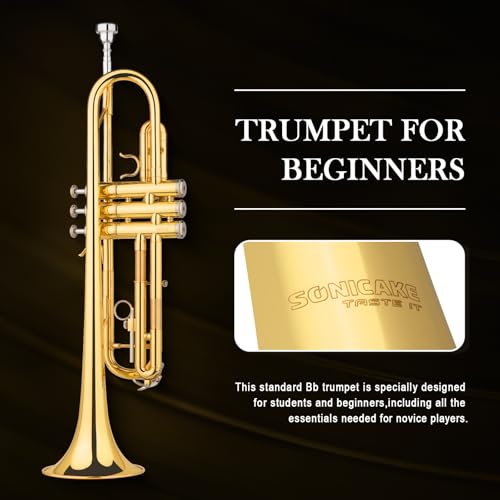 SONICAKE Bb Standard Trumpet Student Trumpet Set for Beginner Brass Trumpet Instrument with Hard Case Cleaning Kit 7C Mouthpiece and Gloves Ideal Gift for School Band Orchestra QTP01 Golden - Image 3