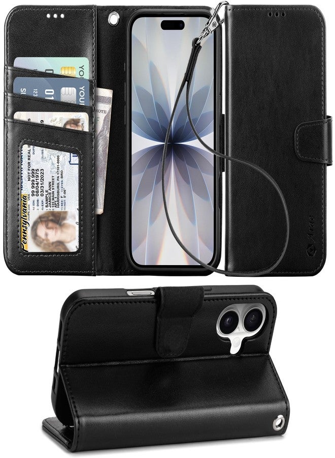 Arae Compatible with iPhone 17 Case Wallet with Card Holder, Wristlet Strap Wallet Flip Cover for iPhone 17 6.3 inch Men/Women, RFID Blocking, Kickstand, Black - Image 1