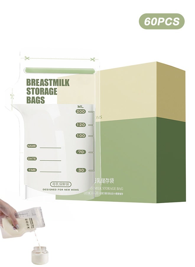 WAI 60 Pieces Breastmilk Storage Bag, Disposable Milk Storage Bag for Breastfeeding, No-Leak Milk Freezer Storage Pouches, 200ml - Image 1
