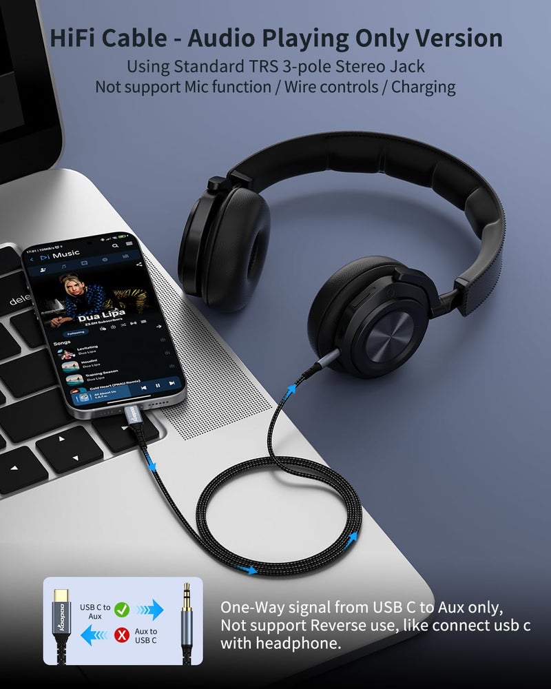 KOOPAO 6.6ft USB C to Headphone Aux Cord, USB C to 3.5mm Car Stereo Cable Compatible with iPhone 15 Plus/15 Pro Max, Galaxy S23 S22 S21 S20 Ultra, Pixel, iPad Pro, MacBook - Image 2