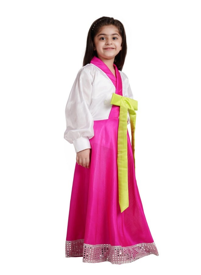 Kaku Fancy Dresses Kaku Fancy Dresses Polyester International Ethnic Wear Korean Girl Costume -White-Magenta, 3-4 Years, For Girls  - Image 4