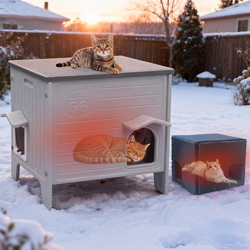 Rockever 100% Insulated Outdoor Cat House with Insulated Liner for Winter, Waterproof Feral Cat House for Outdoor Cats, Plastic Cat House for Outdoor Use with Escape Door, Clean Easily(M,Grey&Liner) - Image 1