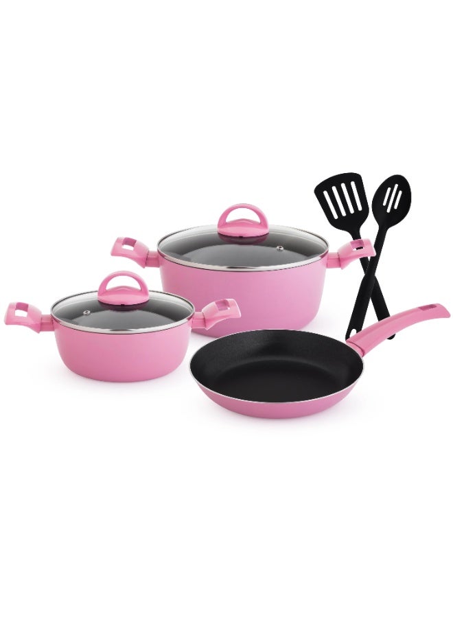 Newflon Cookware Set 7 Pieces With Glass Lid Pink Color - Image 1