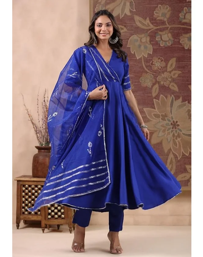 GoSriKi Women's Rayon Blend Anarkali Solid Kurta with Pant & Dupatta (NIRMOOHA ROYAL BLUE-GS_L_Blue_Large)